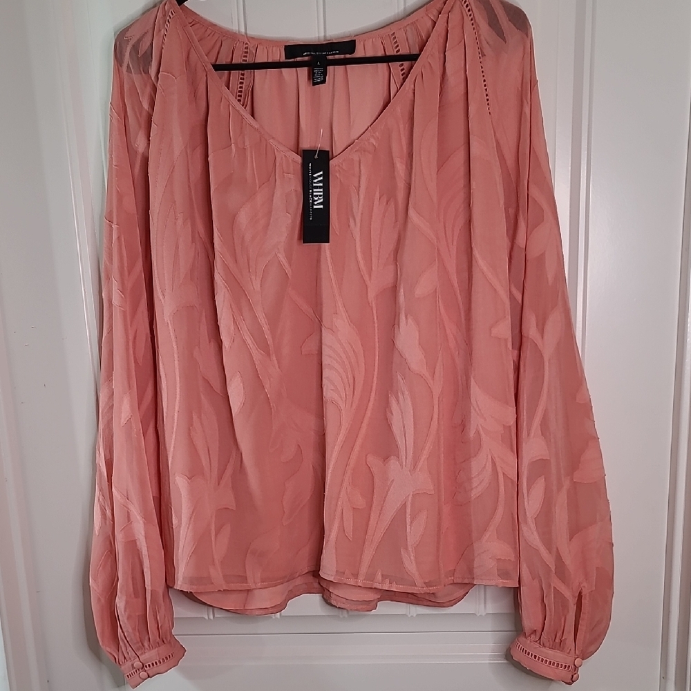 WHITE HOUSE BLACK MARKET Elegant Chic Peach Blouse with Sheer Sleeves Women's Lg - Picture 9 of 9